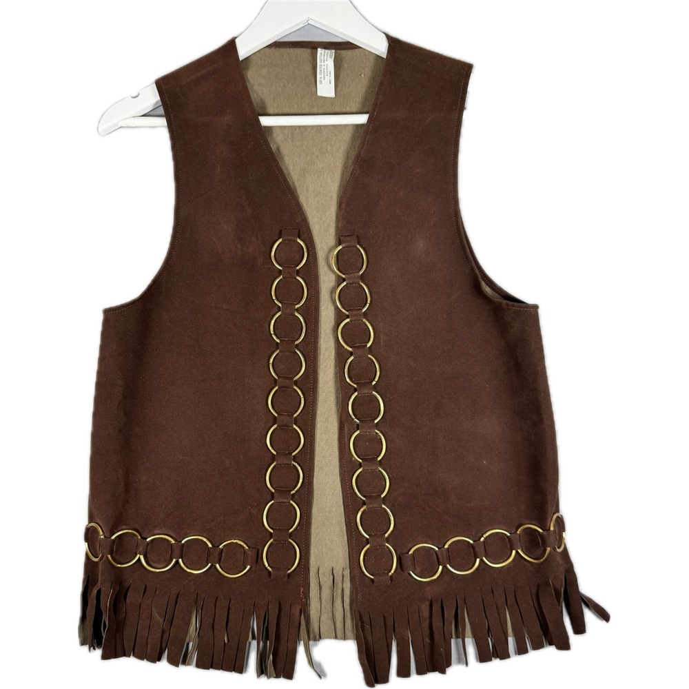 Vintage 1970s Fringe Ring Vest Women M Brown Cotton Boho Western Hippie